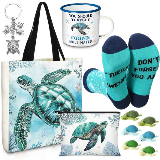 Yeyeplum Sea Turtle Lover Gifts for Women Birthday Gifts Baskets Set Include Canvas Tote Bag, Makeup Bag, Socks, Keychain, Enamel Mug, Small Figurines for Mom, Wife, Sister, Friend