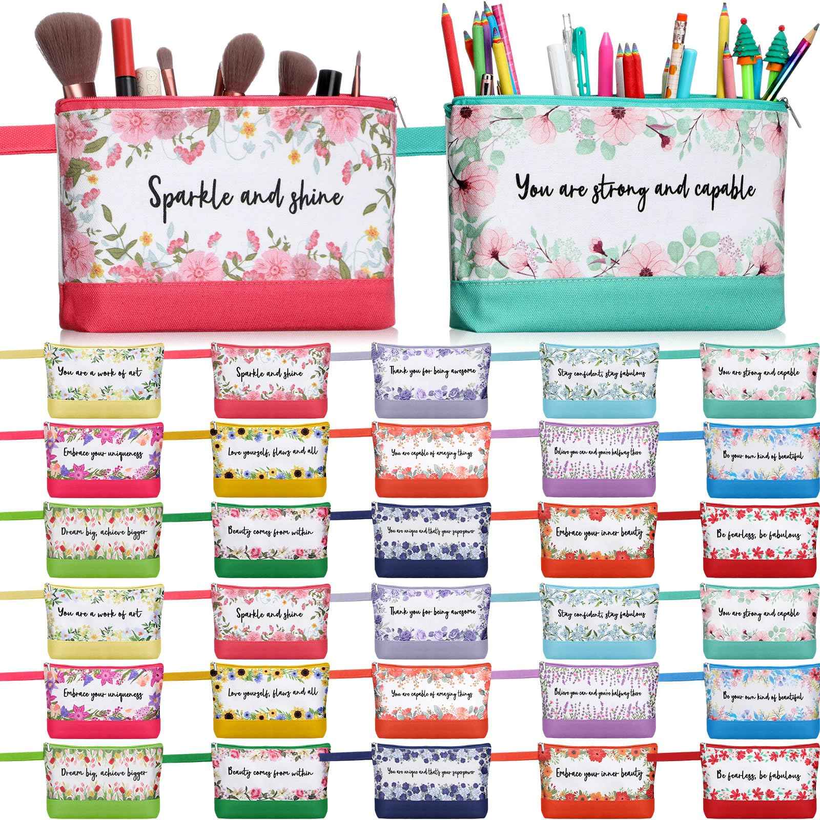 Silkfly 30 Pcs Cotton Canvas Makeup Bags Canvas Cosmetic Zipper 10.2 x 5.5 x 2 Inches Blank DIY Pouch Bag Bulk with Bottom Pencil Case Travel Toiletry Pouch for Women (Flower)