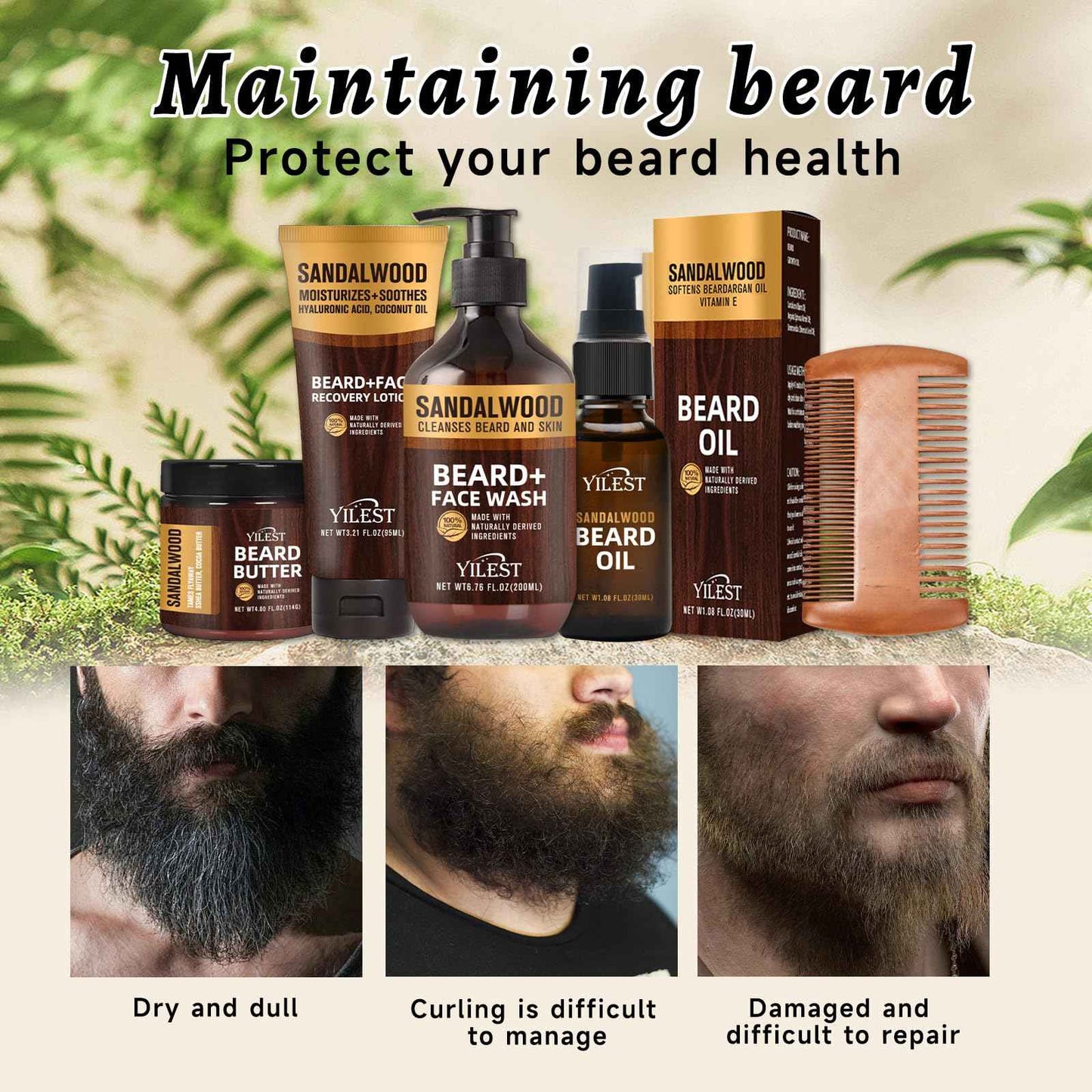 Sandalwood Beard Care Set | Nourish Follicles for Elastic Growth, Deeply Condition with Butter & Oil, Soothe Skin with Recovery Lotion & Gentle Wash