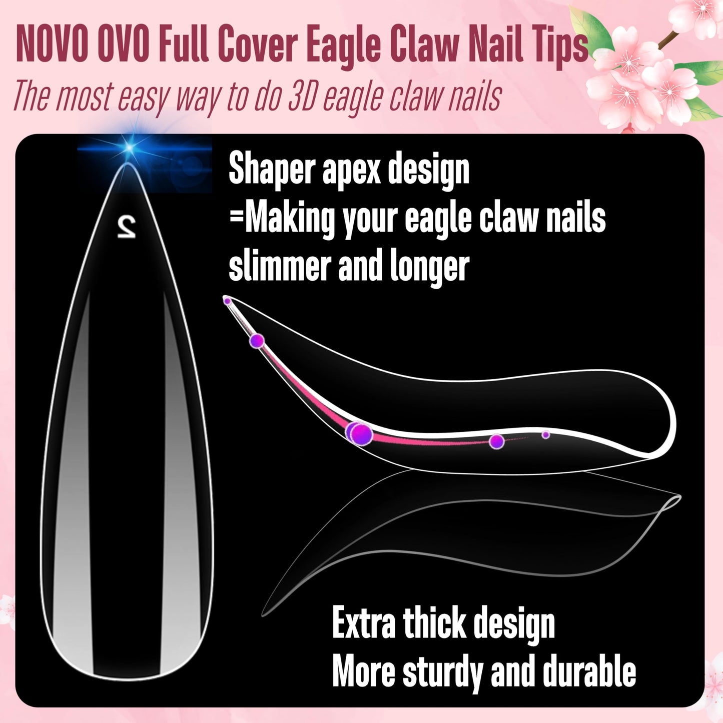 NOVO OVO Nail Tips Curved Stiletto, Clear Gel x Extension kit Full Cover to Make Press on 3D Eagle Claw nails, Thick Extra Hawk Deep Curve Almond French Tips Soft False Fake Acrylic Nail 12 Size 120pc