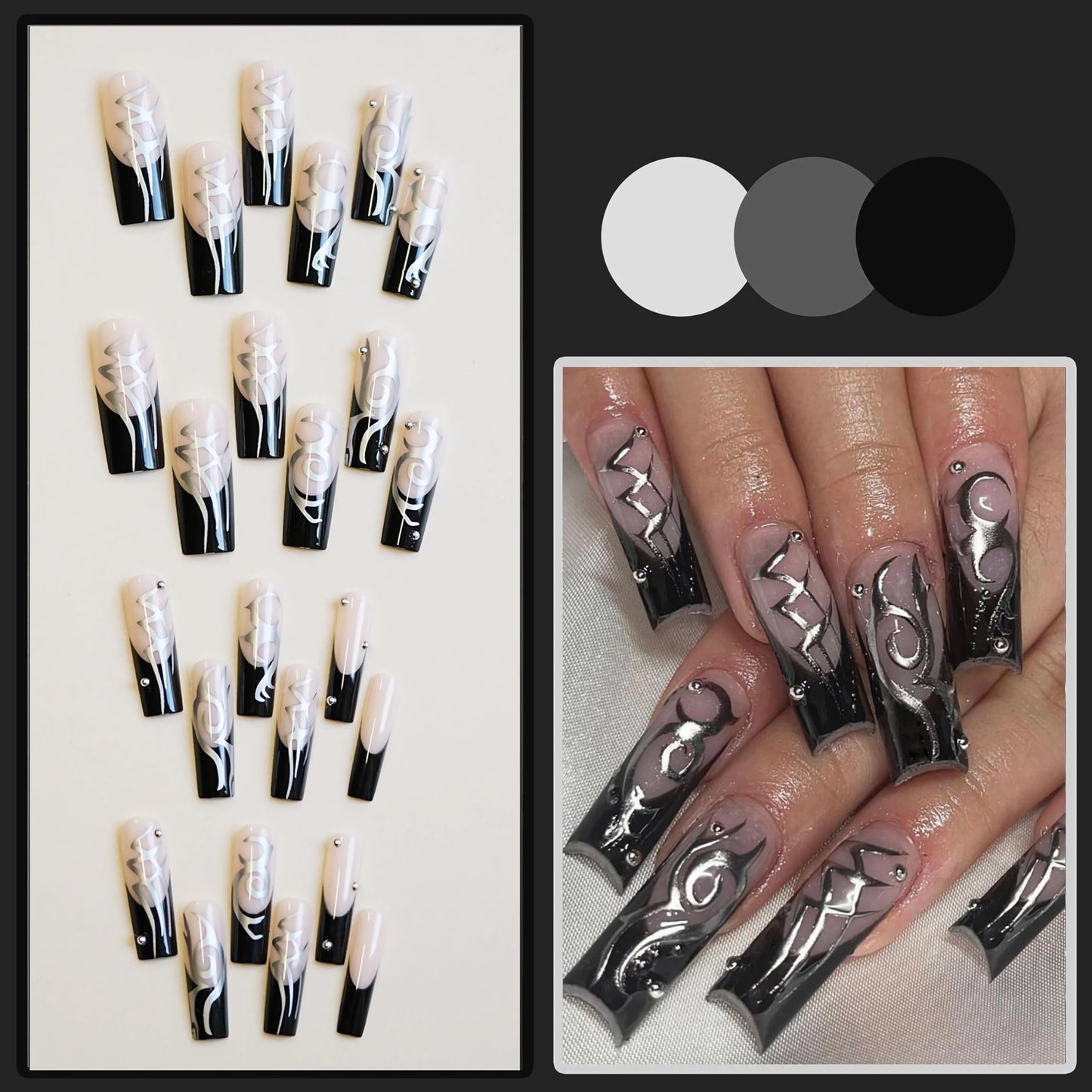 BABALAL French Tip Press on Nails Long Square Fake Nails Black Glue on Nails Sliver Swirl Chrome 3d Metallic Ball Acrylic Nails Squoval Stick on False Nails 24Pcs Manicure Nails for Women and Girls