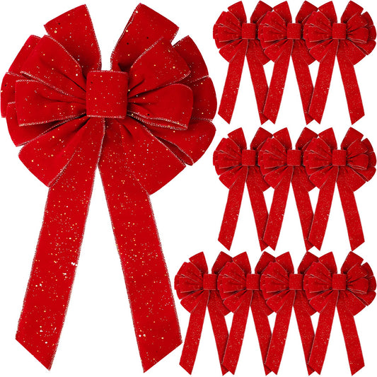 Yunlly 12 Pcs Extra Large Red Christmas Wreath Bows Outdoor Decorations 26 x 12 Inches, Giant Christmas Tree Topper Velvet Bow for Xmas Holiday Outside Supplies(Simple Style)