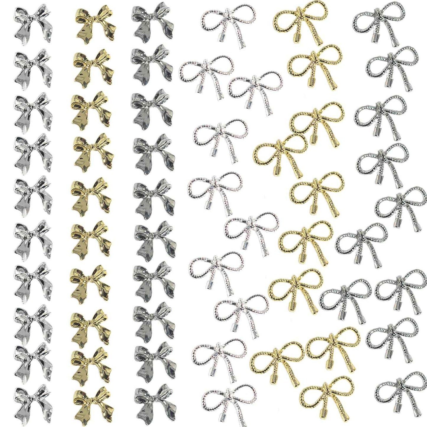 Maigitur 60pcs 3D Metal Bow Nail Charms - Alloy, Crystal - Gold, Gray, Silver - 6 Styles, 10pcs Each - Nail Art Decoration