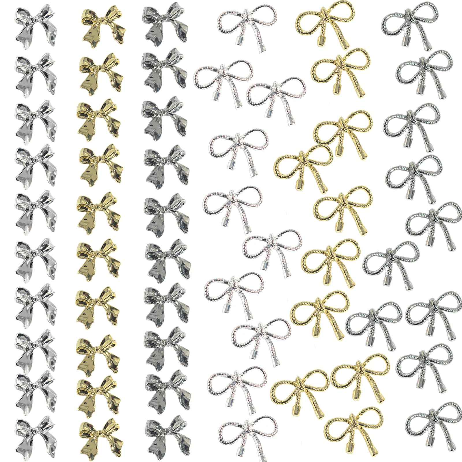 Maigitur 60pcs 3D Metal Bow Nail Charms - Alloy, Crystal - Gold, Gray, Silver - 6 Styles, 10pcs Each - Nail Art Decoration