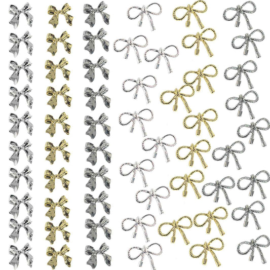 Maigitur 60pcs 3D Metal Bow Nail Charms - Alloy, Crystal - Gold, Gray, Silver - 6 Styles, 10pcs Each - Nail Art Decoration