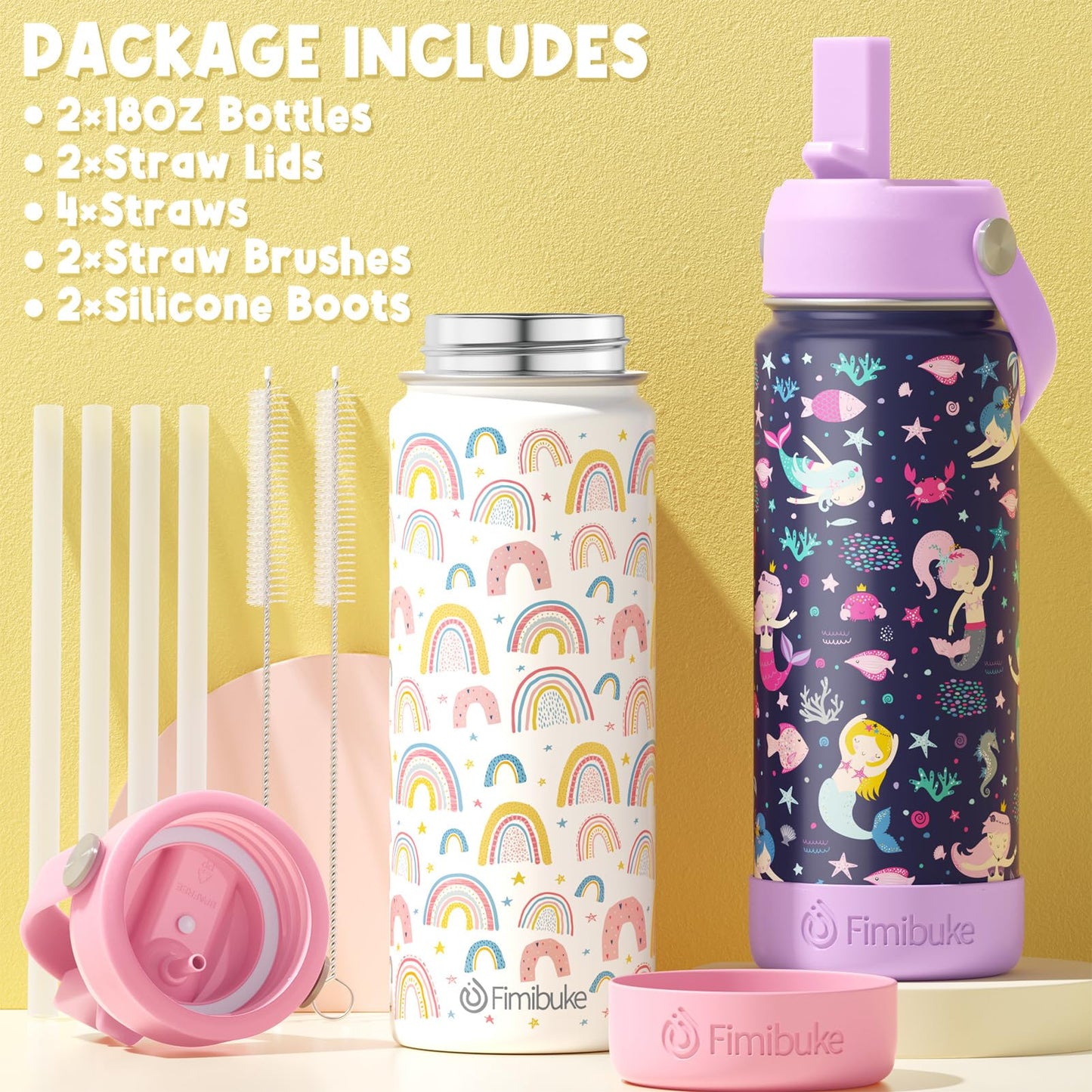 Fimibuke Insulated Water Bottle - 18oz BPA-FREE Kids Cup with Straw Double Wall Vacuum Tumbler 18/8 Stainless Steel Leak Proof Toddler Bottle for School Boys Girls (2 Pack, Rainbow/Mermaid)