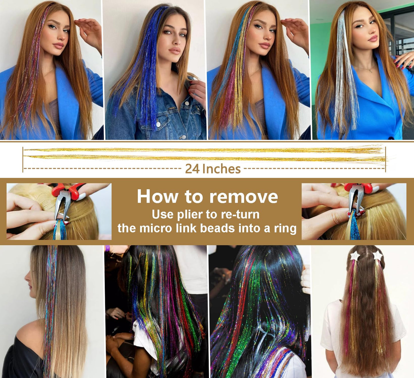 LyoRuSi 24 Inches Hair Tinsel Extensions Kit (Synthetic Feather Hair Extensions) With Kit Tools (16 Pcs/4 Colors) Glitter Tinsel Hair Extensions