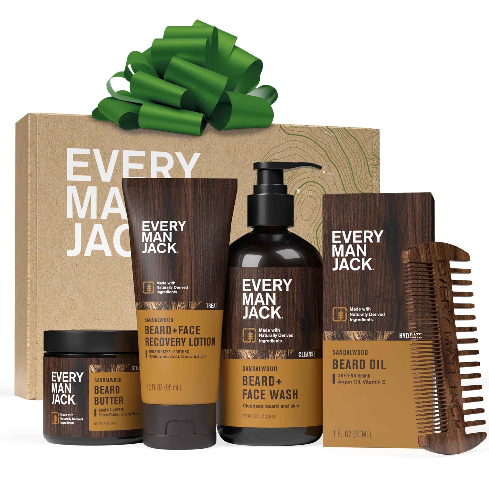 Every Man Jack Beard Essentials Gift Set for Men – Complete Routine with 5 Full-Size Products – Sandalwood Scent - Beard & Face Wash, Lotion, Oil, Butter & Comb