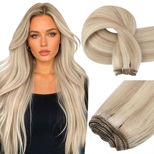 Easyouth Sew in Hair Extensions Real Human Hair Highlight Remy Human Hair Weft Extensions Ash Blonde Highlight Bleach Blonde Weft Human Hair Extension for Women 14 Inch 70G