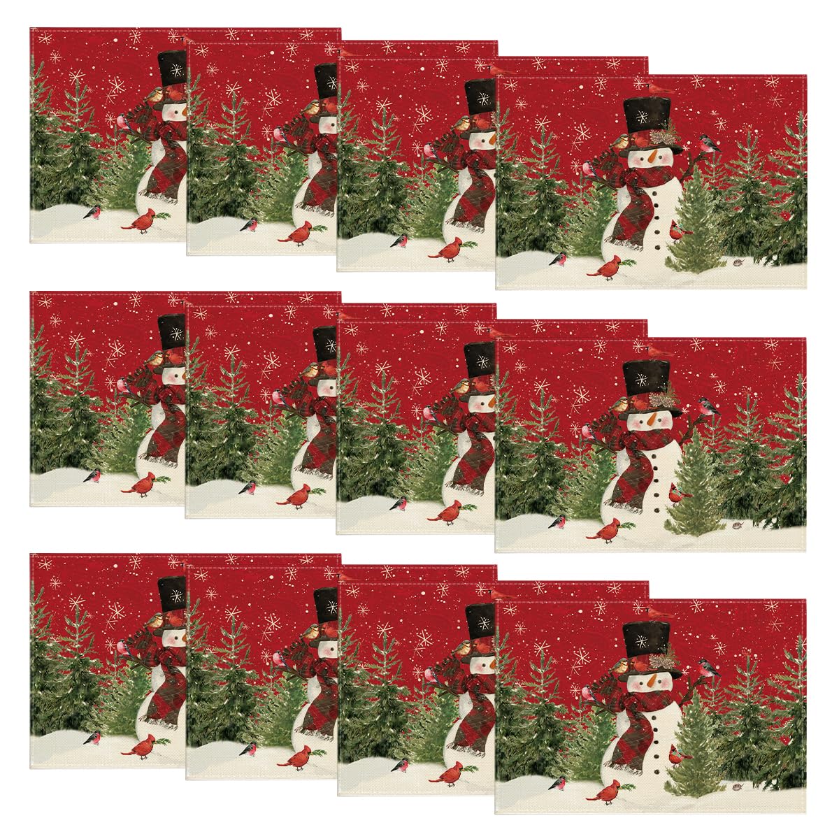 Artoid Mode Red Snowman Trees Bird Christmas Placemats Set of 12, 12x18 Inch Seasonal Winter Table Mats for Party Kitchen Dining Decoration