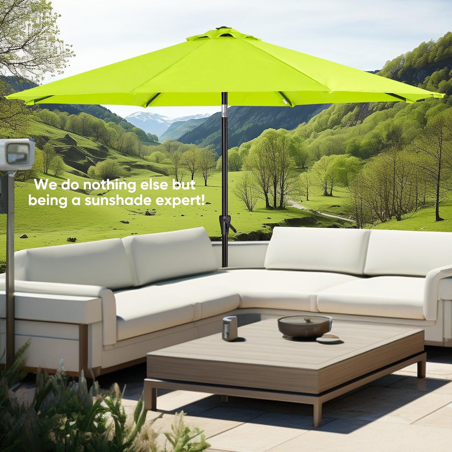 Tempera 9ft Patio Market Outdoor Table Umbrella with Push Button Tilt and Crank,Large Sun Umbrella with Sturdy Pole&Fade resistant canopy,Easy to set, Apple Green