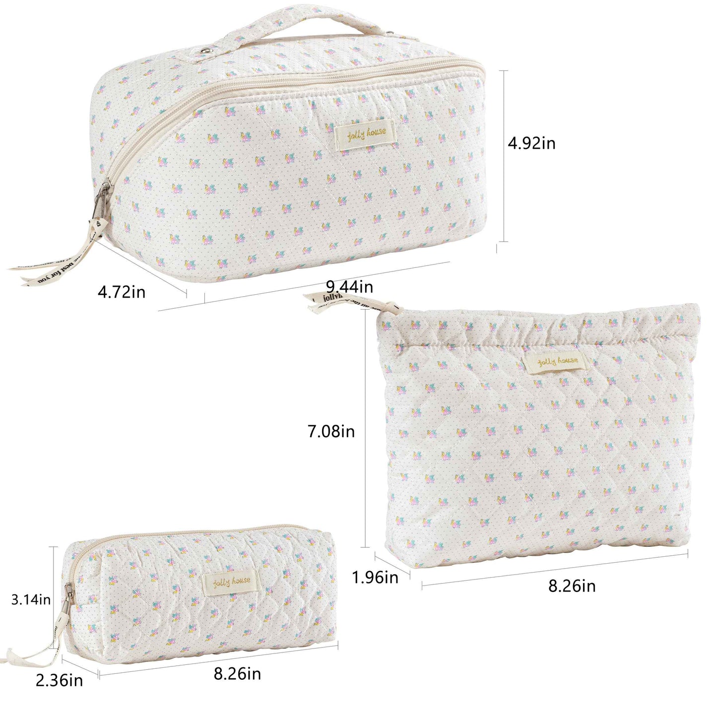HBselect Quilted Makeup Bag, 3PCS Cotton Large Travel Makeup Bag, Cute Floral Coquette Make up Bag Cosmetic Bag Toiletry Bag for Women Girls