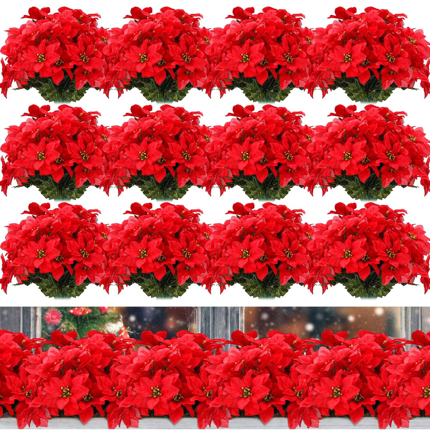 meekoo 48 Pcs Christmas Artificial Poinsettia Flowers 7 Heads Fake Flowers with Stem Poinsettia Christmas Tree Ornaments for Home Wedding Party Table Courtyard Outdoor Cemetery Decoration (Red)