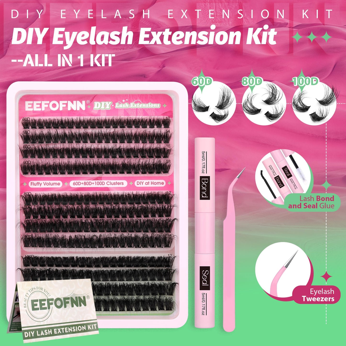 Eefofnn DIY Lash Extension Kit Fluffy Volume Individual Eyelashes D Curl Mink Lash Clusters with Lash Glue Bond and Seal Tweezers 10-20mm Thick Eyelash Extensions Kit DIY at Home