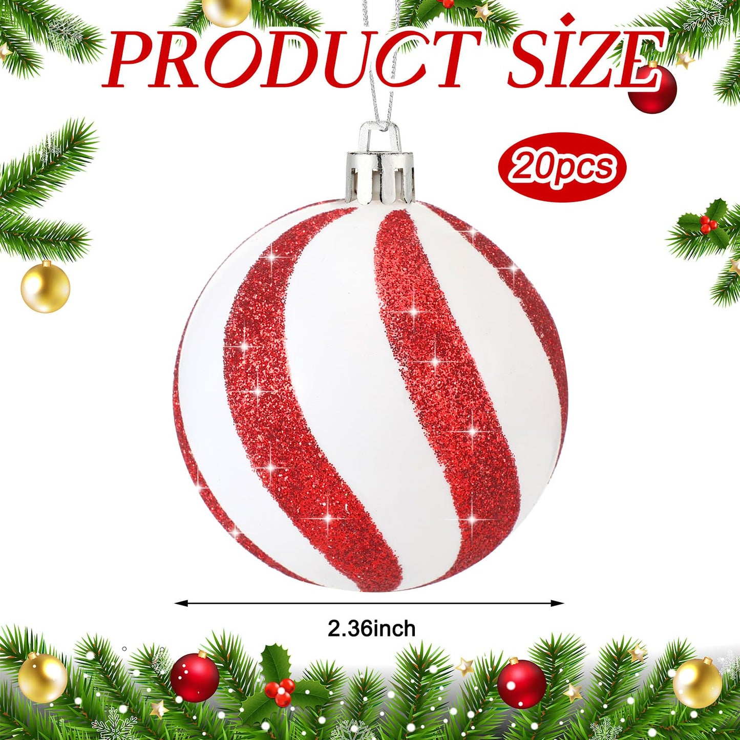 Jenaai 20 Pieces 2.36 Inch Christmas Balls Tree Pendants Plastic Christmas Tree Hanging Ornaments Balls Red and White Peppermint Ornaments for Christmas Tree Xmas Decorations