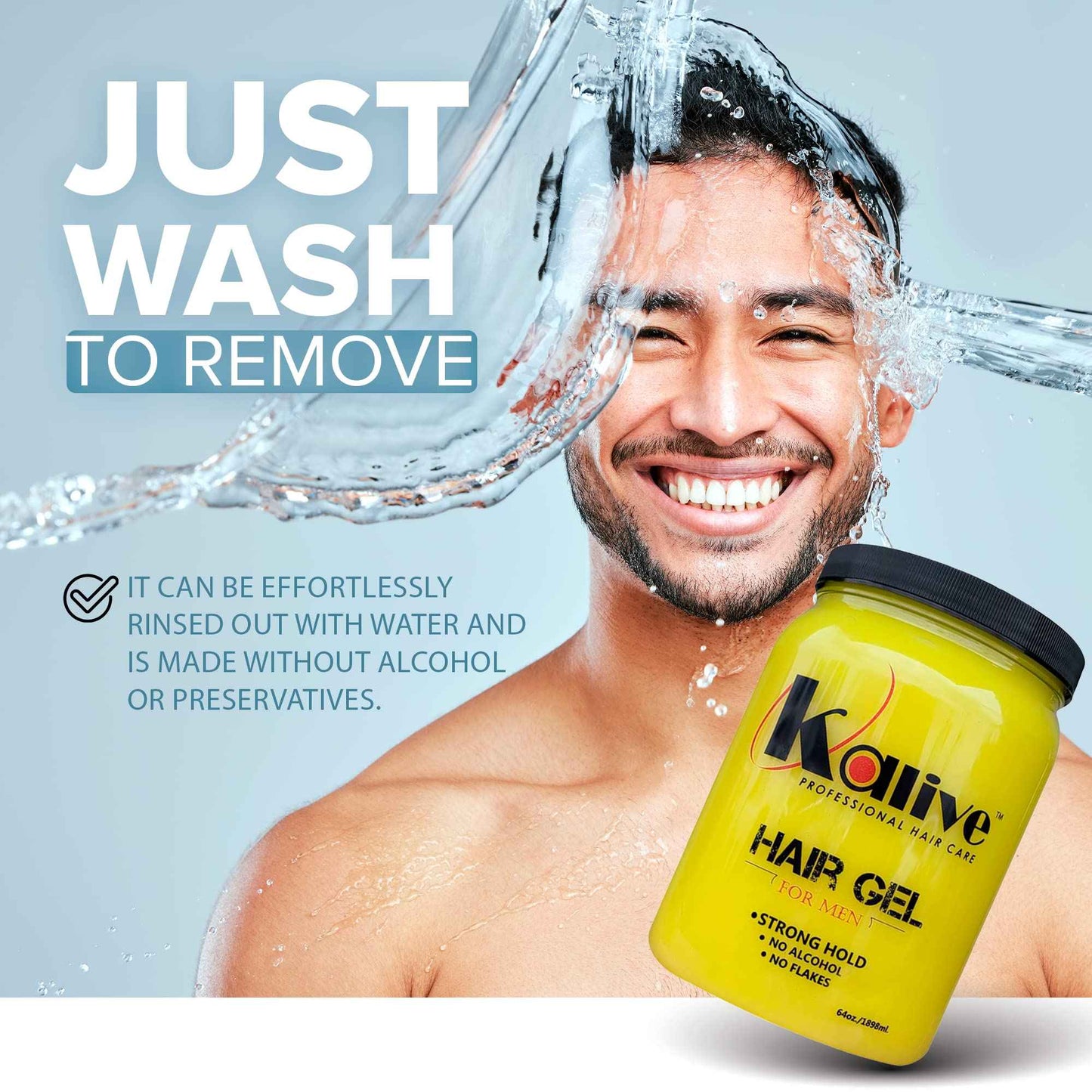 KALIVE Men's Hair Styling Gel 64 oz, Strong-Hold and Light Shine all day, Mens Hair Product fresh scent No Flaking or Alcohol