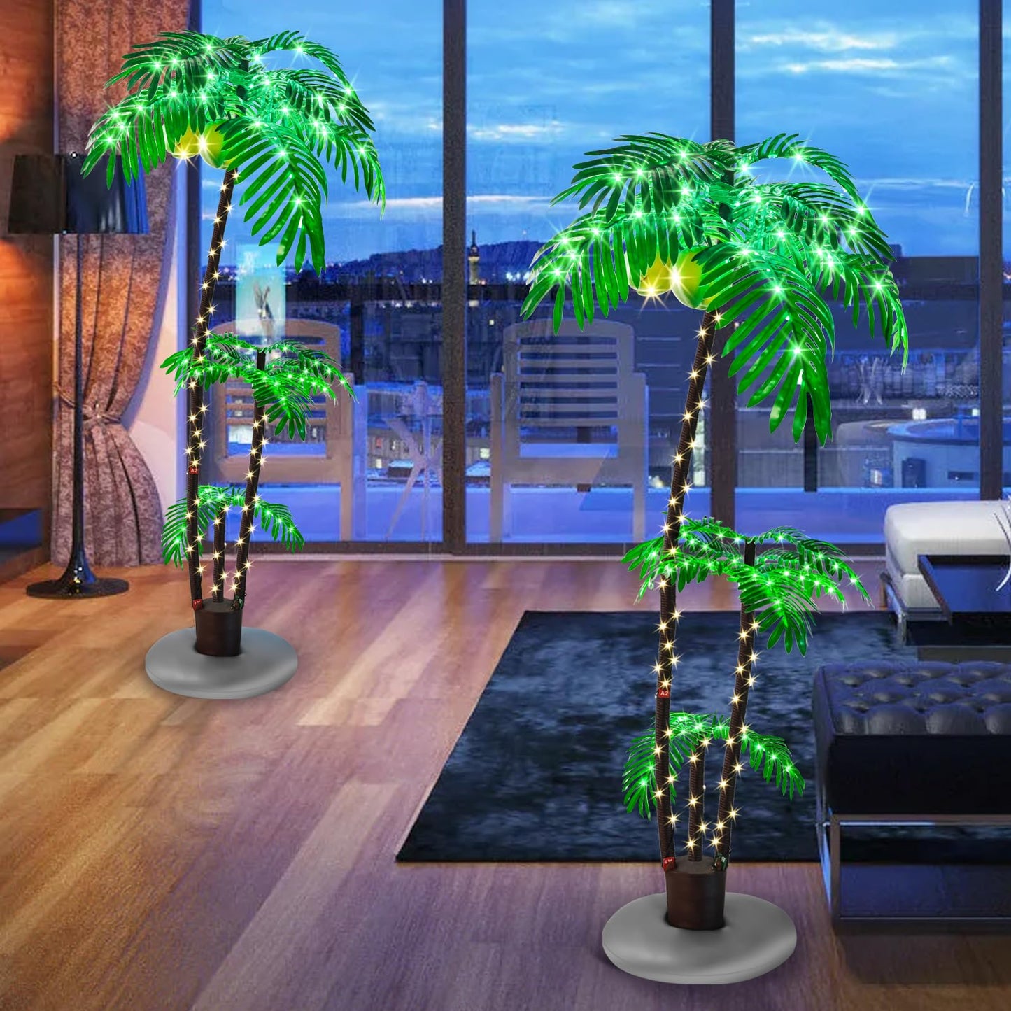 6FT Lighted Fake Palm Tree with 2 Trunks Artificial Palm Tree with LED Lights, for Home Decoration, Parties, Christmas, Nativity Scenes, and Outdoor Patios (6FT-3 Trunks)