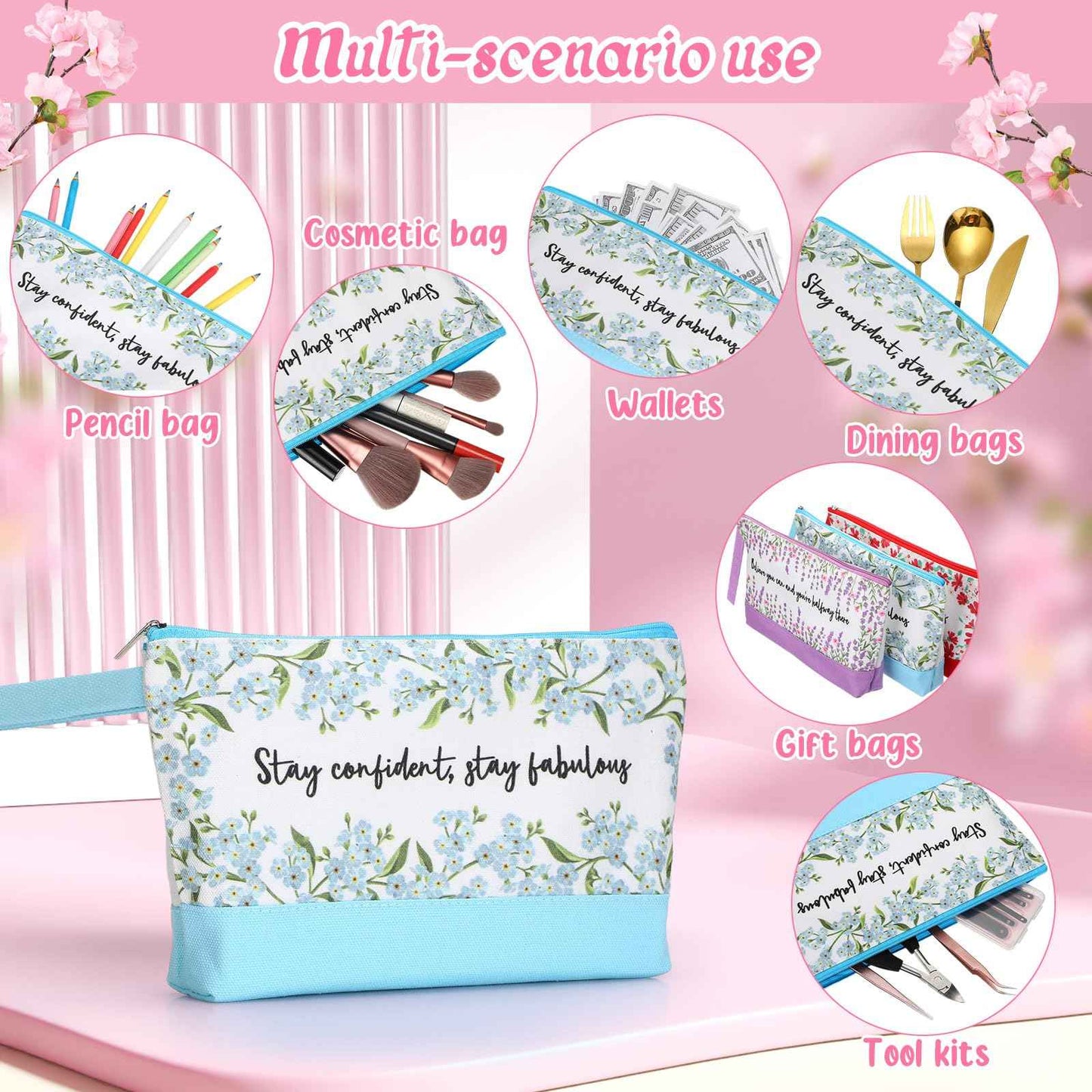 Silkfly 30 Pcs Cotton Canvas Makeup Bags Canvas Cosmetic Zipper 10.2 x 5.5 x 2 Inches Blank DIY Pouch Bag Bulk with Bottom Pencil Case Travel Toiletry Pouch for Women (Flower)