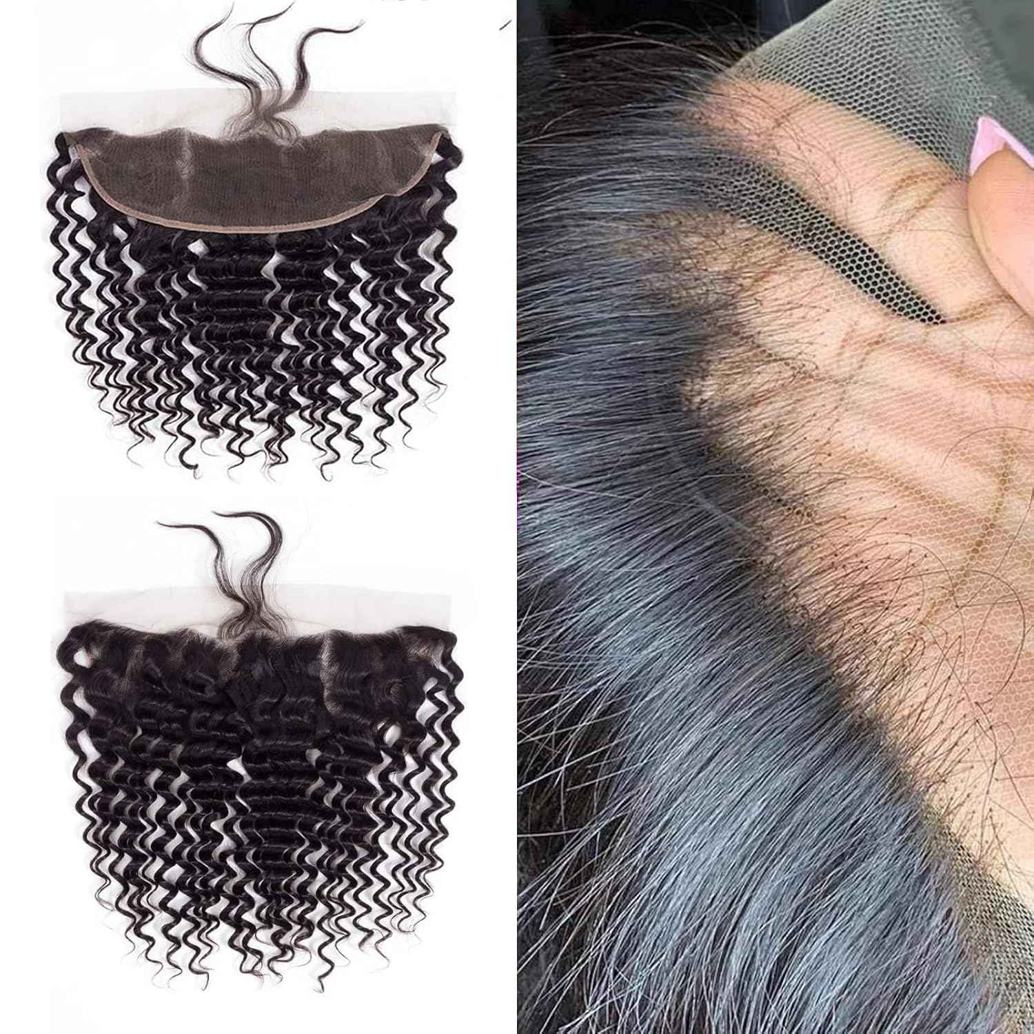 Lace Frontal Closure Deep Wave 13x4 Ear to Ear Frontal HD Lace 16 Inch Brazilian Curly Virgin Human Hair Extensions Pre Plucked with Baby Hair 150% Density Natural Black