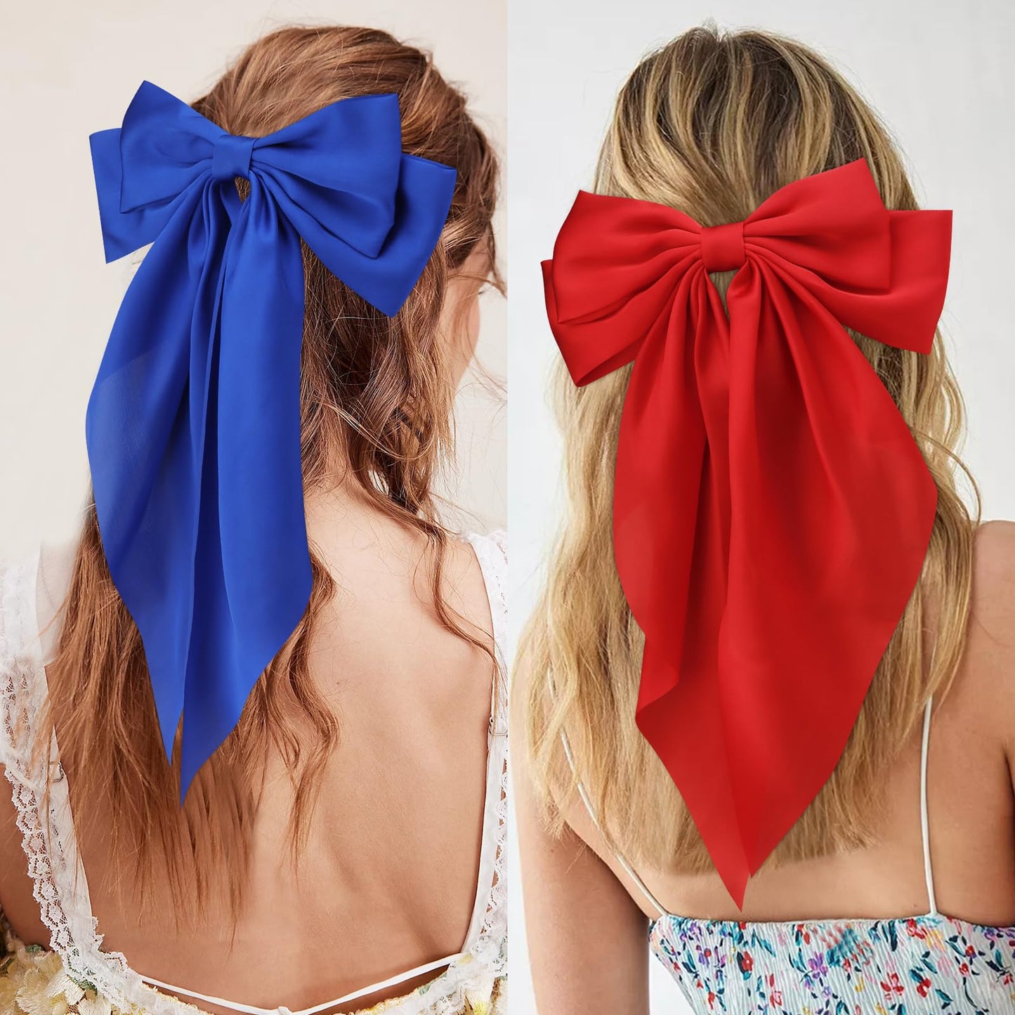 Velscrun 3Pcs Women's Hair Accessories: Large Satin Bows and Barrettes in Red, Blue, and Green - Perfect Gift