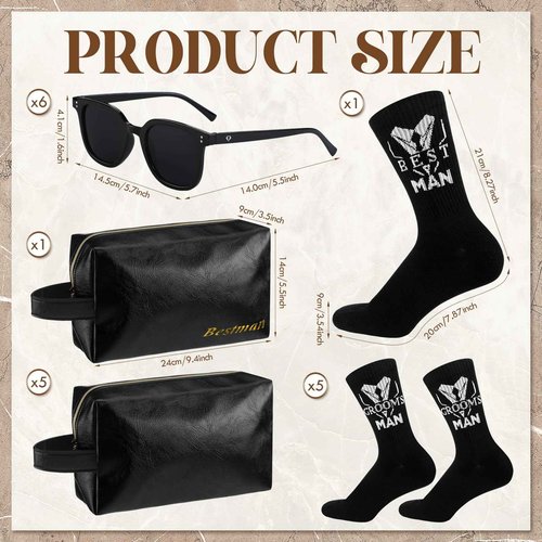 Chicingyou 18 Pcs Groomsmen Gifts Set of 6, Groomsman Proposal Gift Includes 6 Leather Toiletry Bags 6 Sunglasses and 6 Pairs of Socks for Wedding Man Gift Bachelor Party Favors