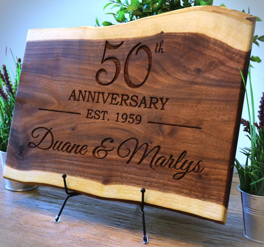 Personalized Cutting Board Wedding Gift Walnut Live Edge Rustic Display Engrave ANY YEAR Anniversary Unique Custom Bride Groom Newlywed Couple Parents Housewarming Christmas (Anniversary Years Choice)