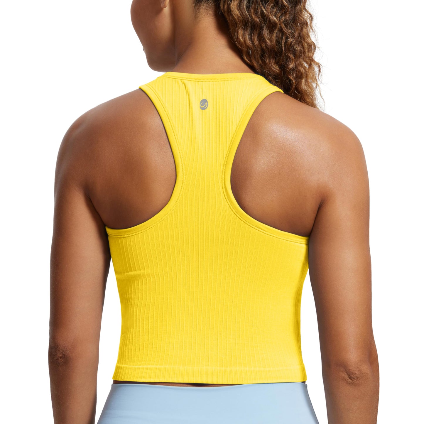 CRZ YOGA Womens Seamless Ribbed Longline High Neck Sports Bra - Racerback Padded Slim Fit Crop Tank Top with Built in Bra High Visibility Yellow Small