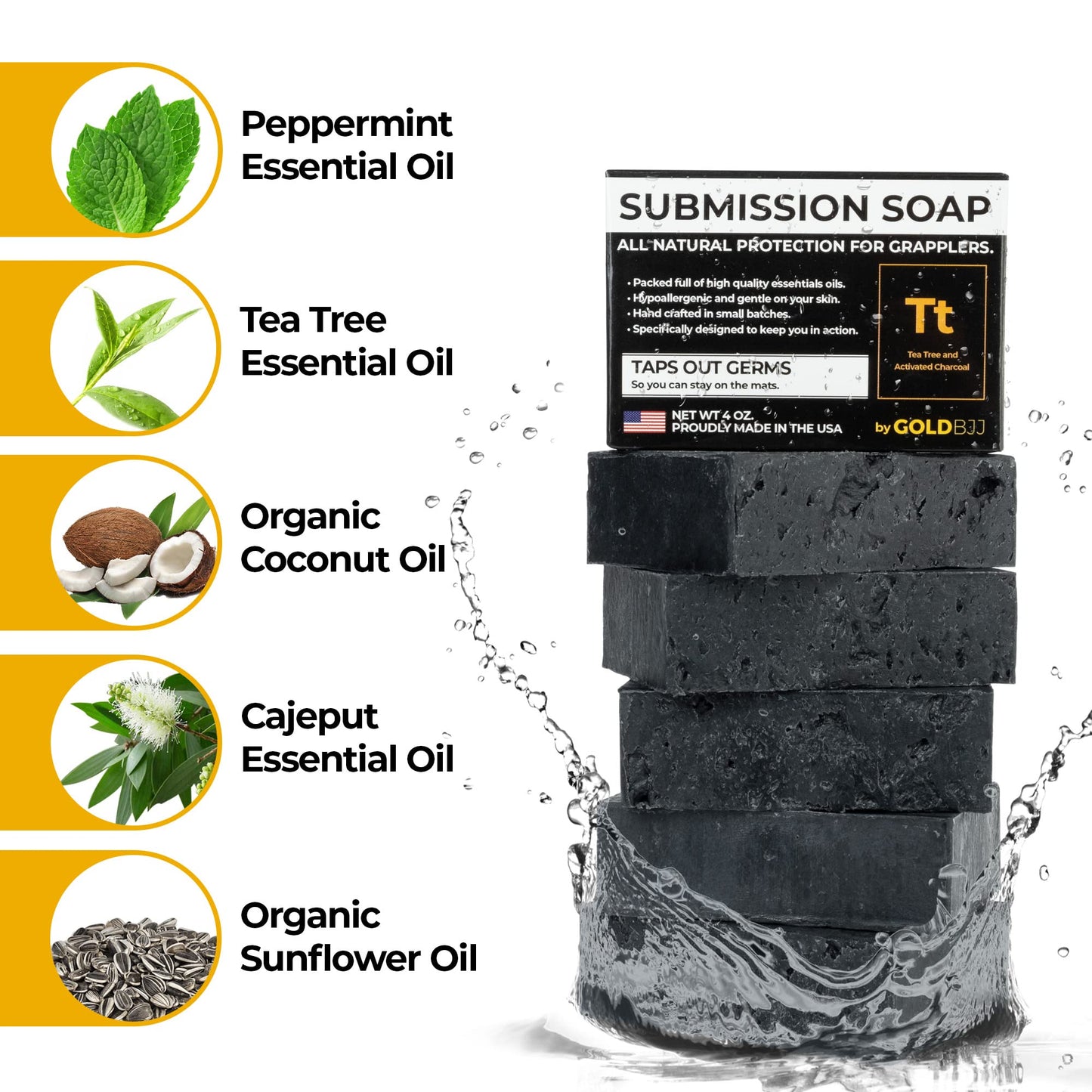 Premium Tea Tree Oil Soap - USA Made Bar Soap for BJJ, Jiu Jitsu, Wrestling, and Grappling (Single 4 Ounce Soap Bar, Activated Charcoal)