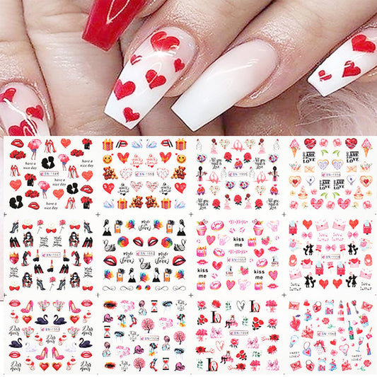 12 Sheets Valentine's Day Nail Stickers Water Transfer DIY Self-Adhesive Nail Stickers Heart Rose Love Sexy Lips Lipstick Valentines Nail Art Tattoo Stickers Nail Decoration for Women Girls