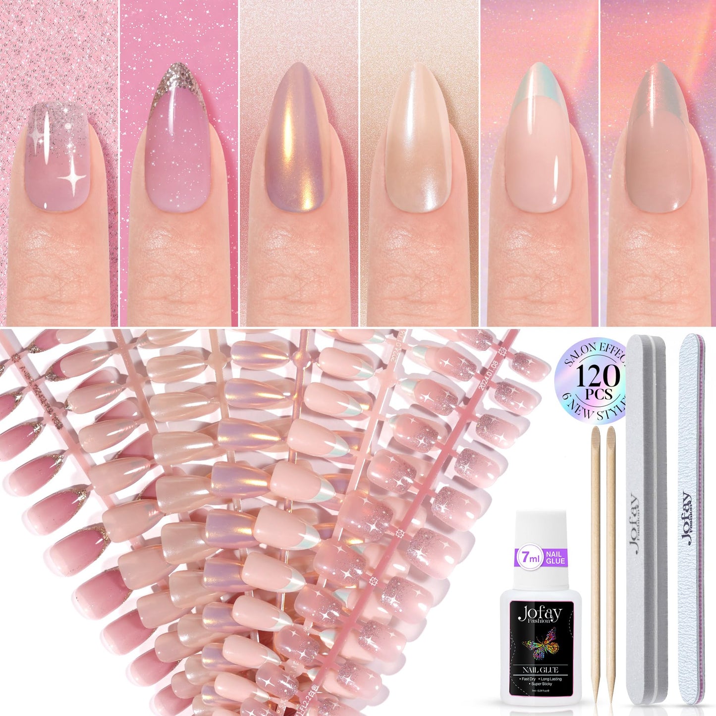 NEW Press on Nails Short, Jofay Fashion 144Pcs Salon-Like Fake Nails With Designs, French, Glitter, Mermaid/Pearl/Aurora Chrome Artificial Acrylic False Nails, Glue on Nails Stick on Nails for Women