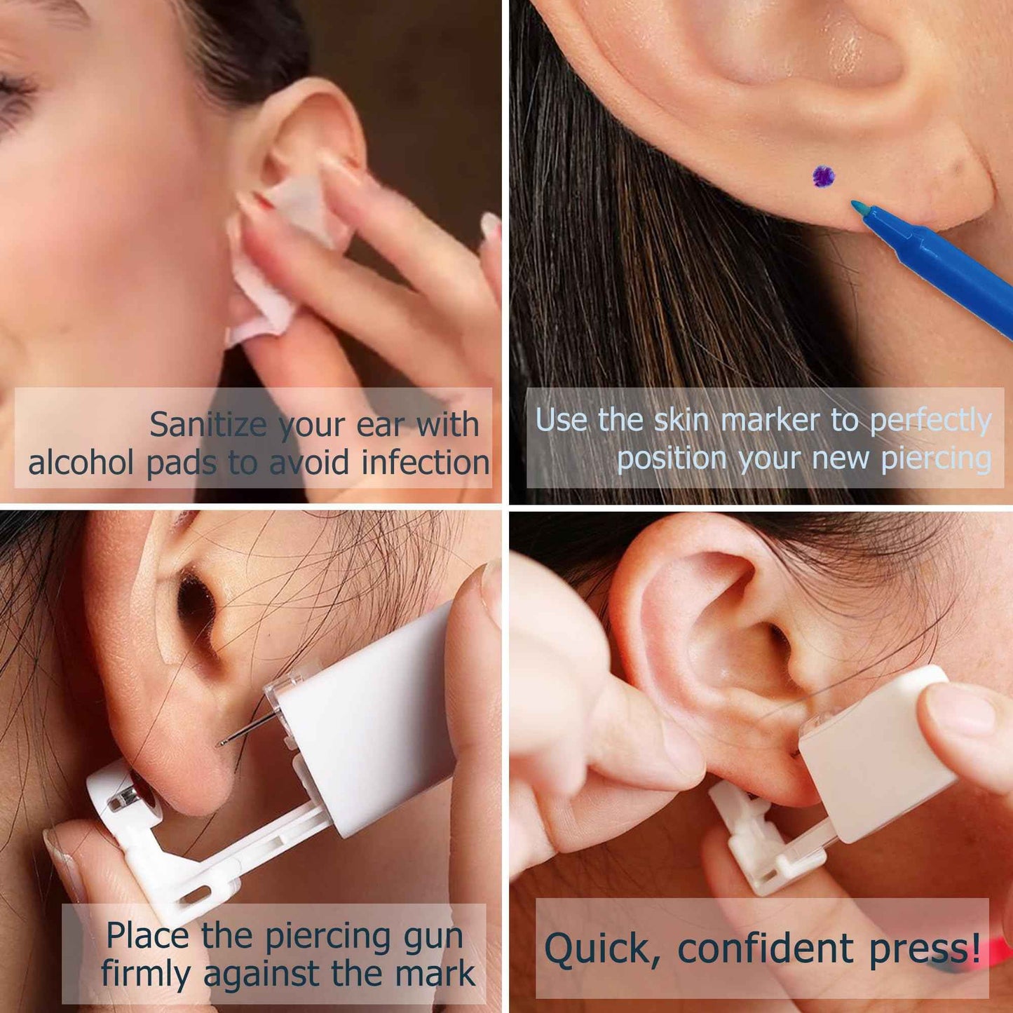 KRFY Ear Piercing Kit Sets, Disposable Stainless Steel Ear Piercing Gun with Preloaded Stud Earrings for Women, Self Pierce Studs Kit Tool, Flat Back Hoop Earrings Cartilage Jewelry Three Gold Plated