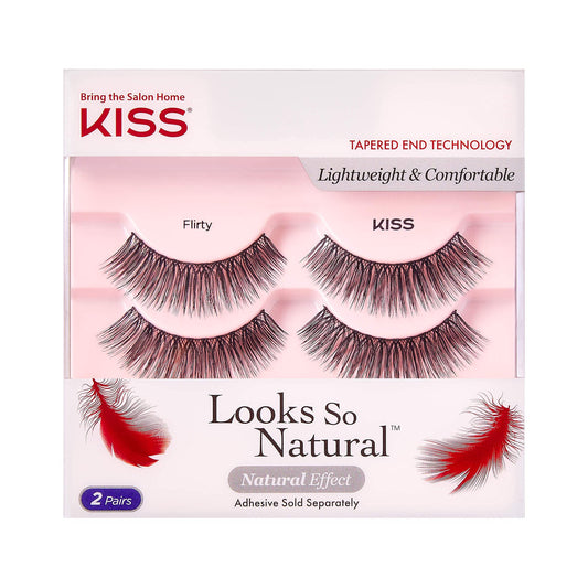 KISS Looks So Natural False Eyelashes Double Pack, Lightweight & Comfortable, Tapered End Technology, Reusable, Cruelty-Free, Contact Lens Friendly, Style 'Flirty', 2 Pairs Fake Eyelashes