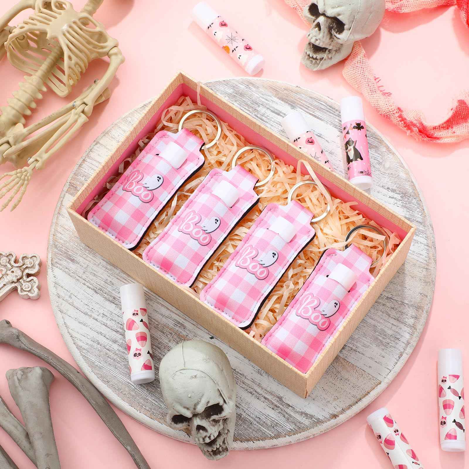 Swiffen 36 Pcs Halloween Lip Balms Gifts Bulk Halloween Party Favors Lip Balm Holder Keychain Spooky Ghost Skull Bat Lipstick Moisturizers for Adults Treat Bags Stuffers Party Supplies(Pink Style)