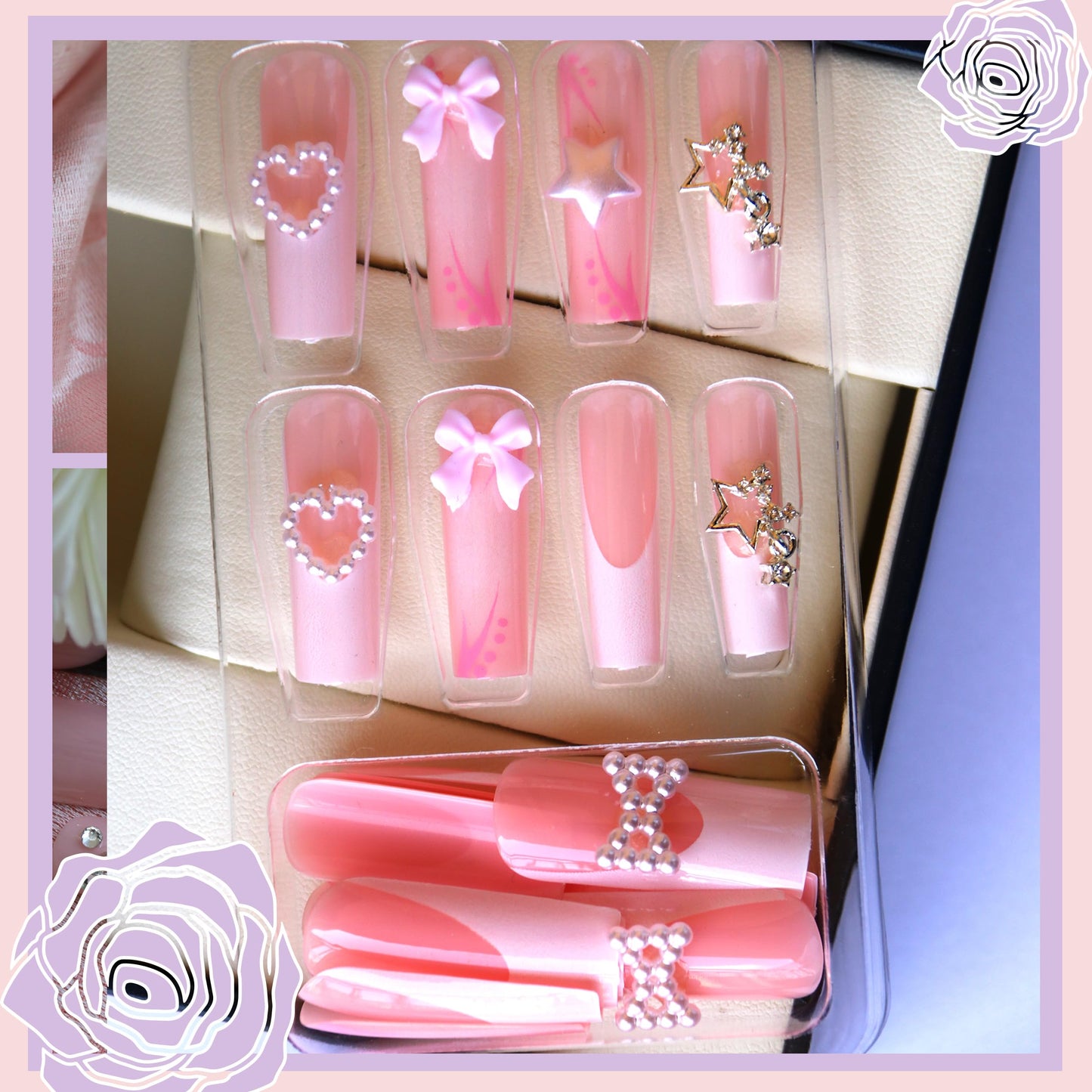 Pink Press on Nails Kit French Tip Nails Press Ones Charms Gems Star Pearl Long Rhinestone Pearl Fake Nails Artificial Coffin Gel Like Glossy 3D Bowknot False Nail Manicure for Women and Girls