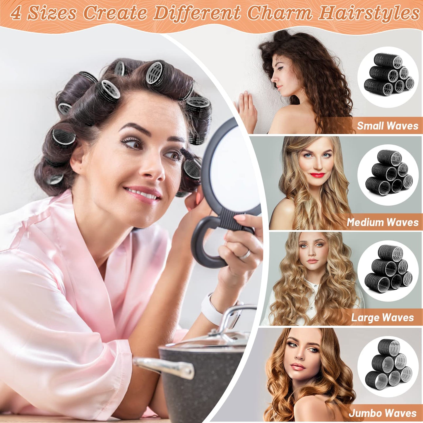 Cludoo Jumbo Hair Curler Rollers 24PCS Heatless Hair Roller with 12PCS Clips, 4 Sizes（Jumbo Large Medium Small）Self Grip Holding Hair Rollers for Long Medium Short Thick Fine Volume Thin Bangs Hair