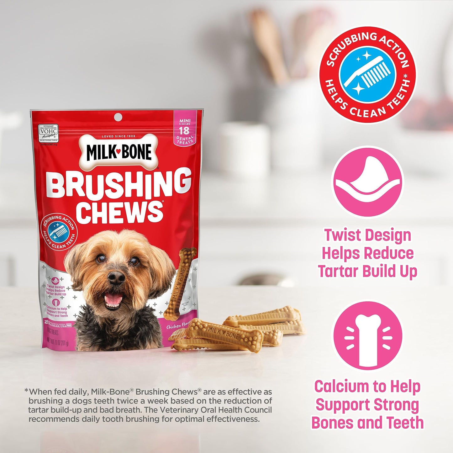 Milk-Bone Original Brushing Chews, 18 Mini Daily Dental Dog Treats (Pack of 5) Scrubbing Action Helps Clean Teeth