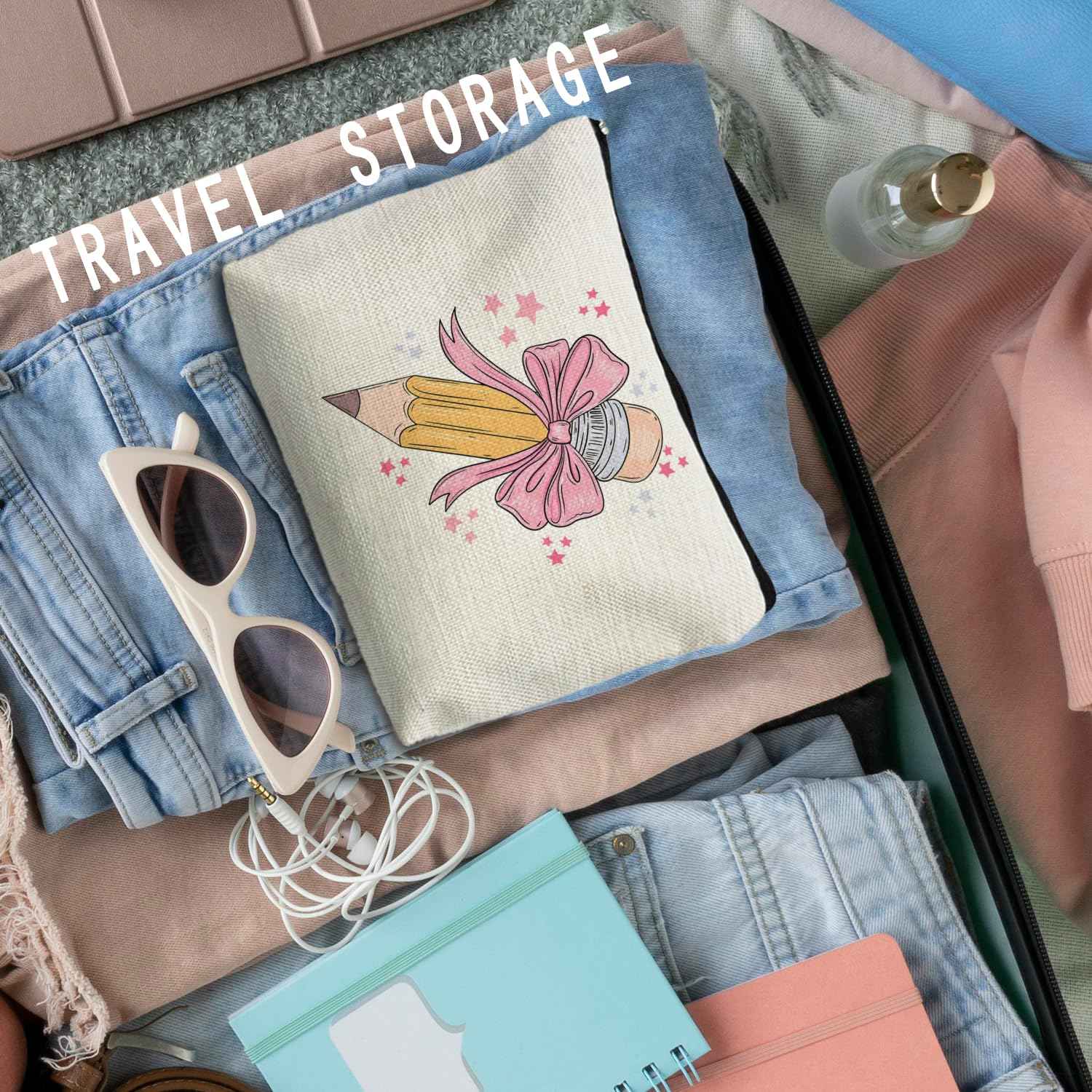 RYYCDOI Coquette Pink Bow Teacher Makeup Bag, Teacher Appreciation Gifts Cosmetic Bags for Women, End of Year Teachers Gifts, Preppy Zipper Makeup Pouch for Teachers