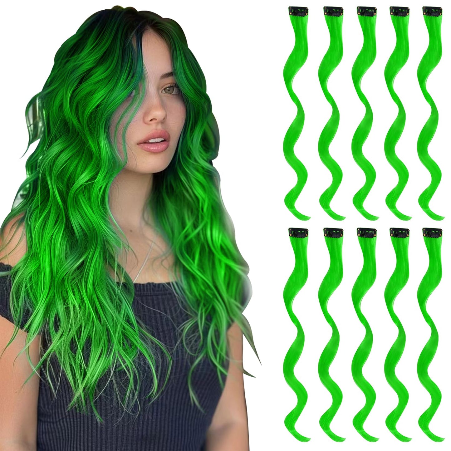 BUMMSEVEN Green Hair Extensions Clip in, Curly Wavy Colored Synthetic Hairpieces Party Highlights, Colorful Hair Accessories Clips Ins for Kids Girls Women 16 Inch (10 Pieces Green)