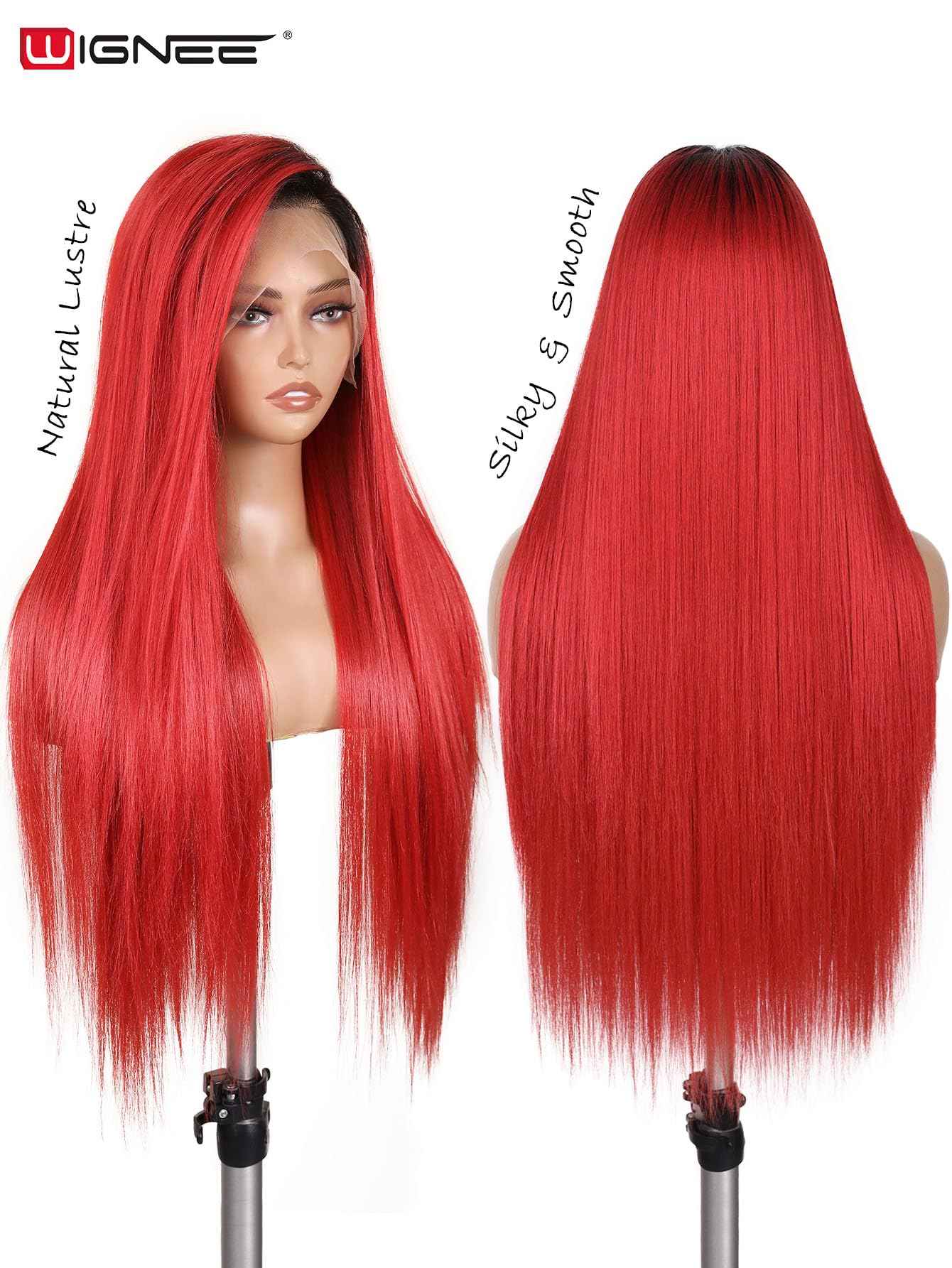 WIGNEE 13x6 Synthetic Lace Front Wig 28" Long Straight Wig Red Kanekalon Futura Synthetic Wigs for Black Women Pre-Plucked Glueless Wig for Daily Party Use