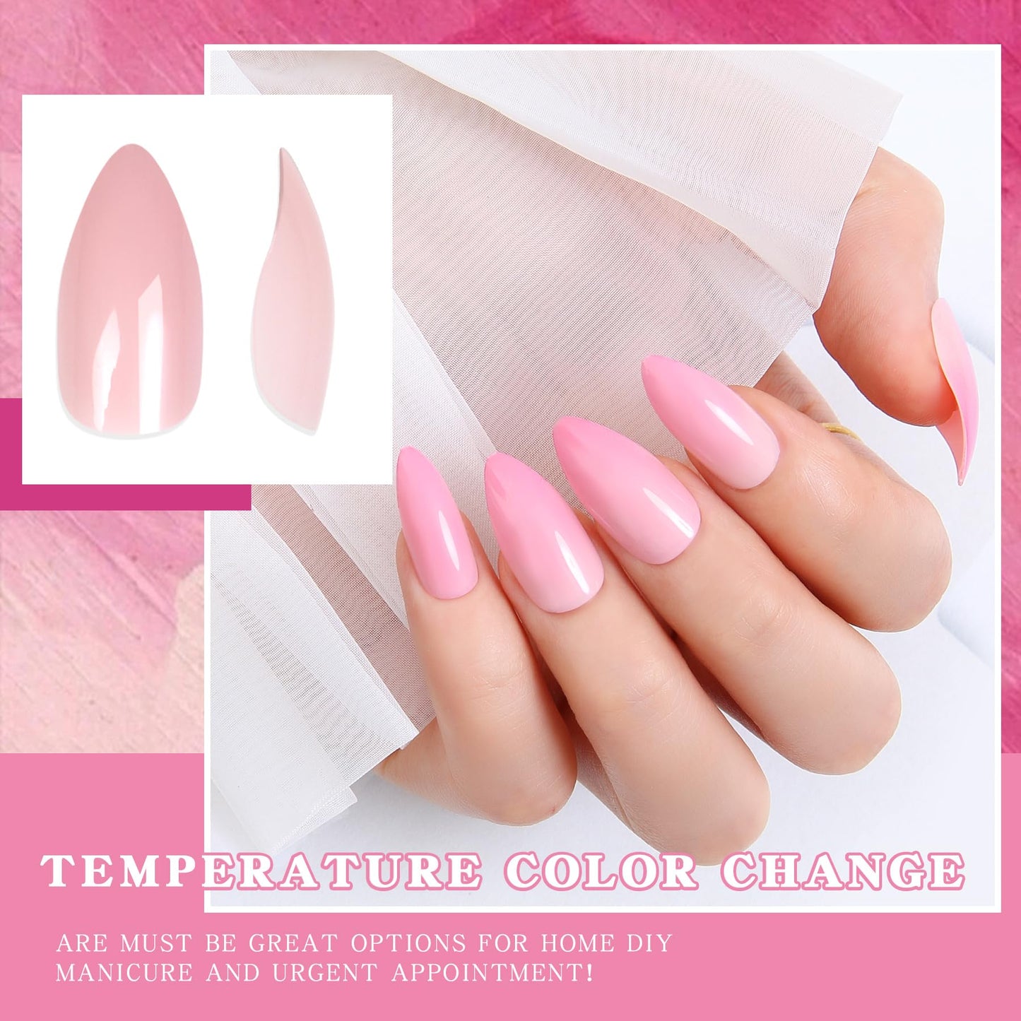 Mood Temperature Change Nails Pink To Light Pink Color Changing Gel Tips Stiletto Almond False Nail Art Design