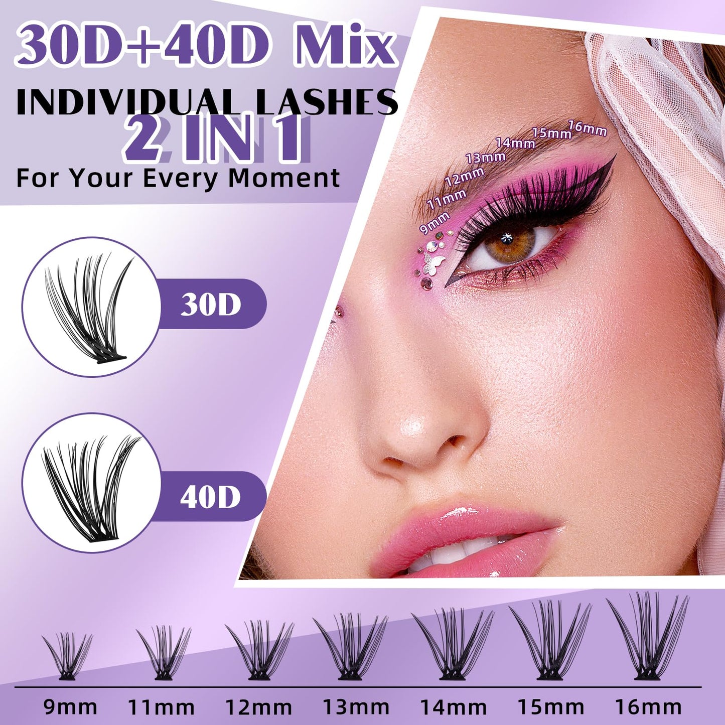 DIY Lash Extension Kit 280pcs Individual Lashes Cluster D Curl Eyelash Extension Kit Lash Clusters with Lash Bond and Seal and Lash Applicator Tool for Self Application (KIT,30D+40D-9-16MIX)