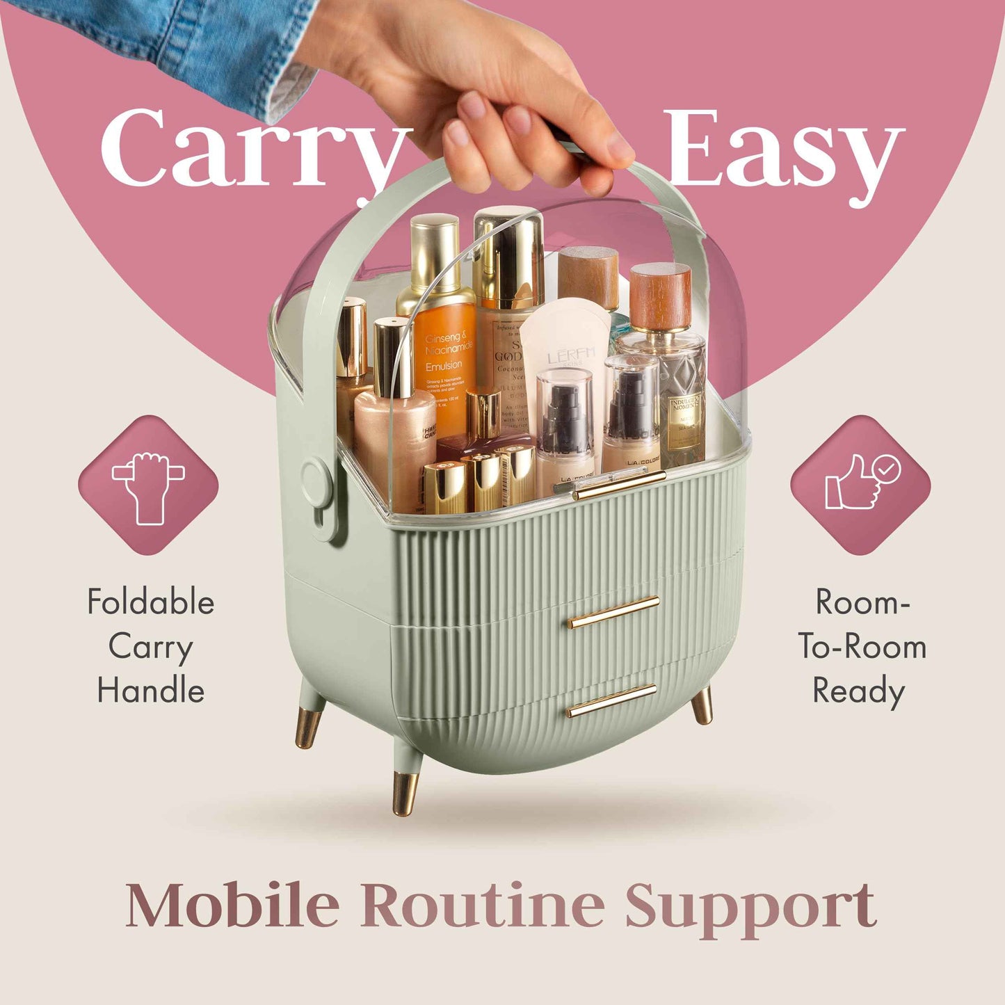 Covered Makeup Cosmetic Countertop - Large Cosmetic Organizer - Trendy Oval Shape Storage for Skin Care Organizer - Clear Lid, Storage Drawers, Carry Handle - Cute Stylish Decor Solution (Green)