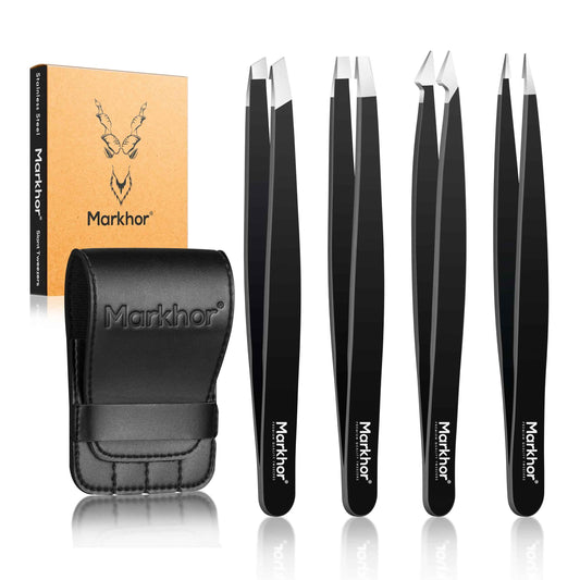 MARKHOR® Black Majesty, Professional Pointed and Slant Tweezers for Eyebrows, Tweezers for Women Facial Hair, Splinter and Ingrown Hair Removal Tweezers, Stainless Steel Precision Eyebrow Tweezers Set