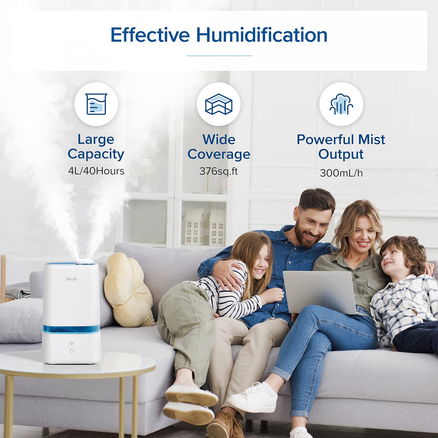 LEVOIT 4L Smart Cool Mist Humidifier for Home Bedroom with Essential Oils, Customize Humidity for Baby & Plants, APP & Voice Control, Schedule, Timer, Last up to 40Hrs, Whisper Quiet, Handle Design