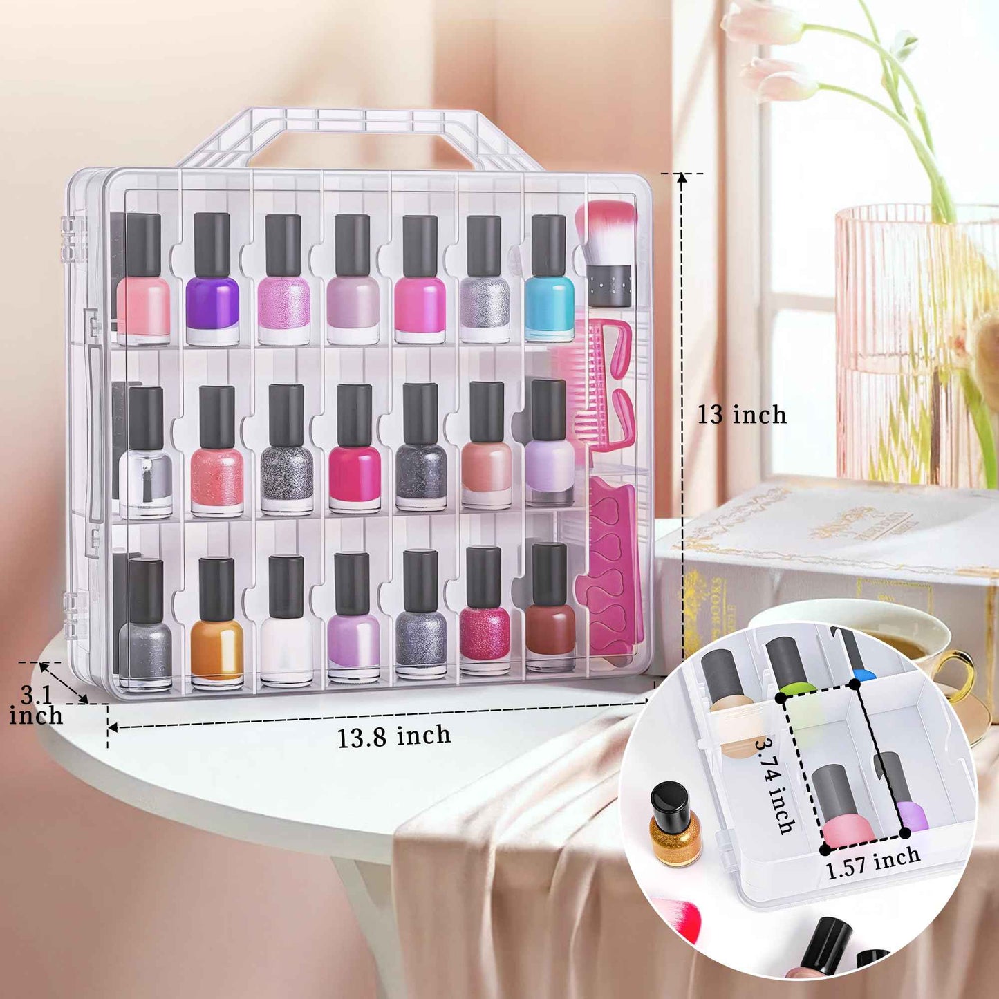 DreamGenius Nail Polish Organizer Case for 48 Bottles with 2 Nail Separators, Double Side Gel Nail Polish Holder with Adjustable Dividers, Clear