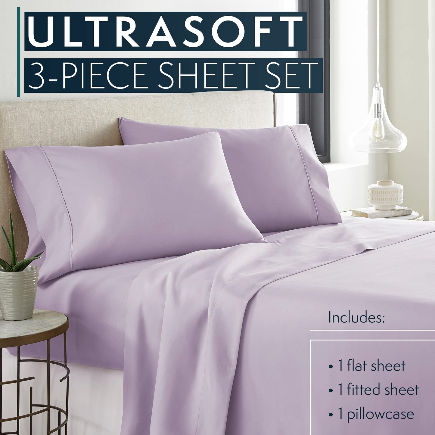 Twin Sheets Set, 3 pc Bed Sheets & Pillowcase Set - Machine Washable for Easy Care - Soft & Breathable All Season Microfiber Sheets with Deep Pockets - Lavender