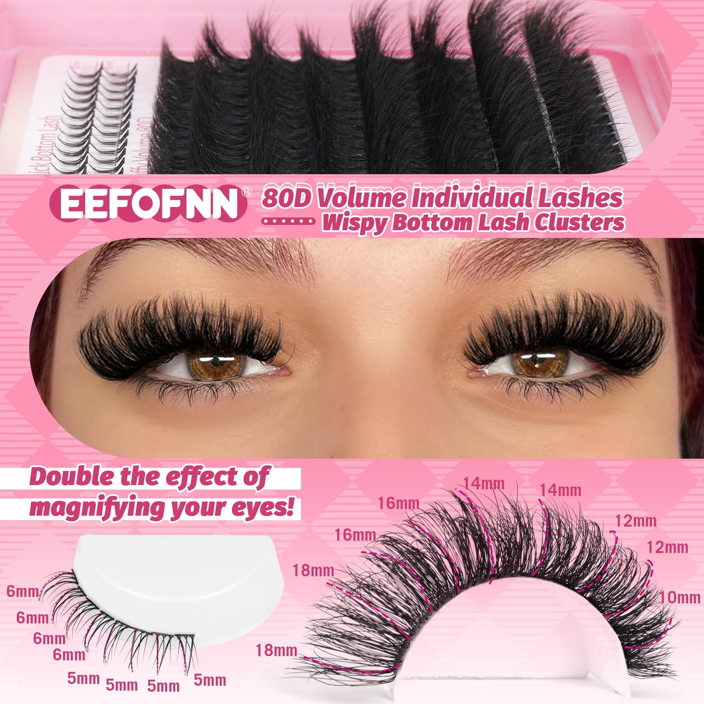 Eefofnn Lash Clusters Wispy Individual Lashes Fluffy Eyelash Clusters with Bottom Lashes 80D Natural Cluster Eyelash Extensions 10-18 mm D Curl Lash Extensions For Beginners