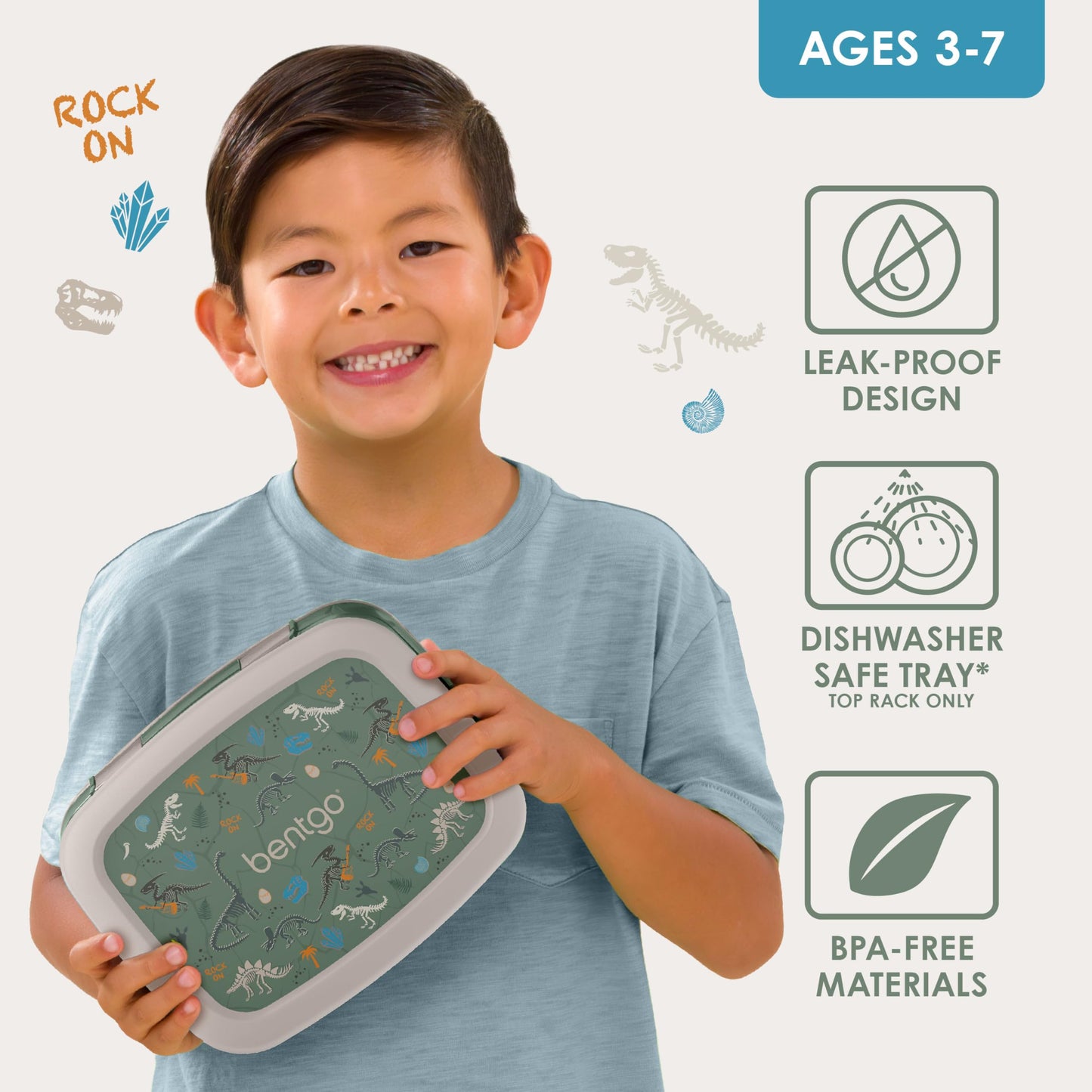 Bentgo Kids Prints Leak-Proof, 5-Compartment Bento-Style Kids Lunch Box - Ideal Portion Sizes for Ages 3-7, Durable, Drop-Proof, Dishwasher Safe, & Made with BPA-Free Materials (Dino Fossils)