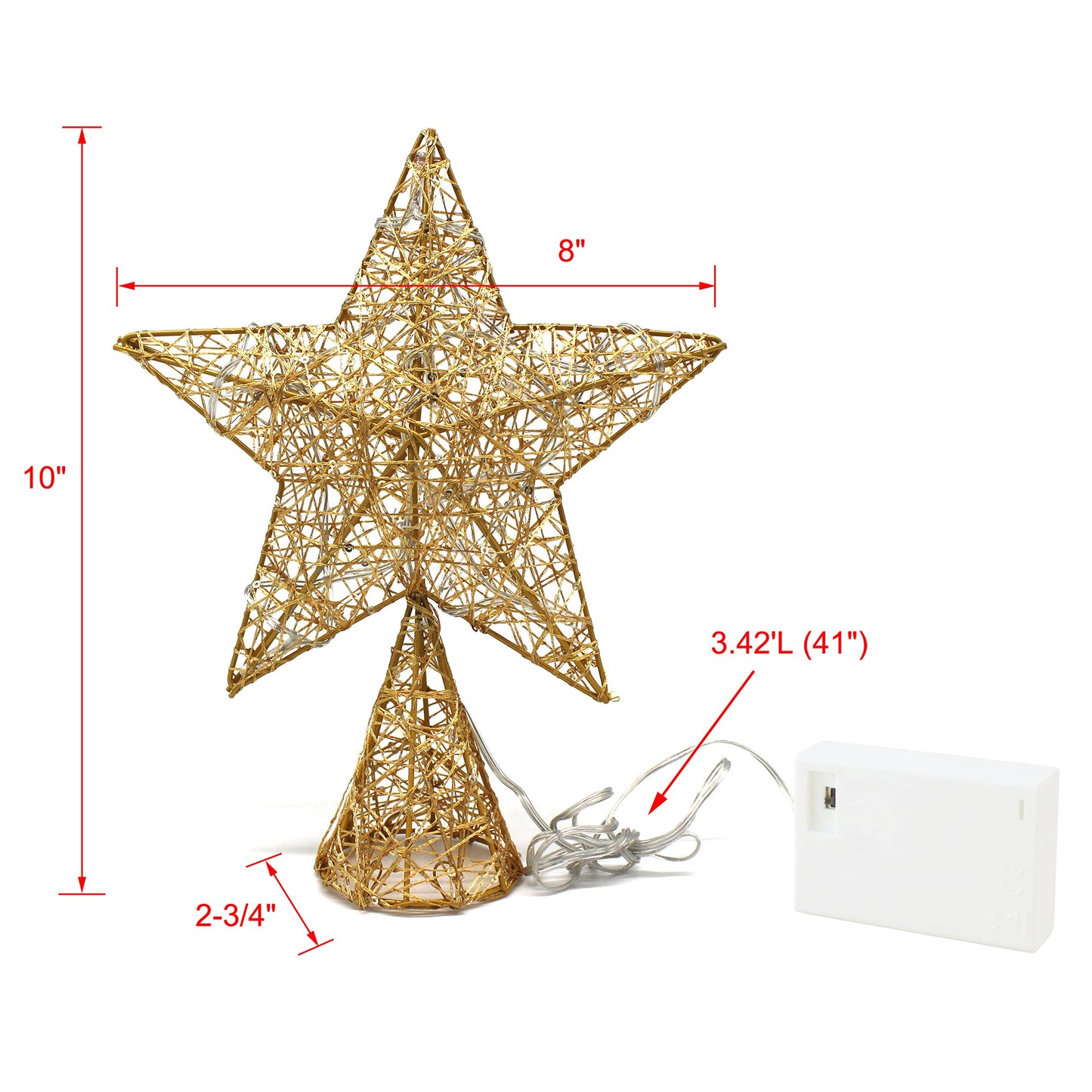 CVHOMEDECO. Gold Tree Top Star with Warm White LED Lights and Timer for Christmas Ornaments and Holiday Seasonal Décor, 8 x 10 Inch