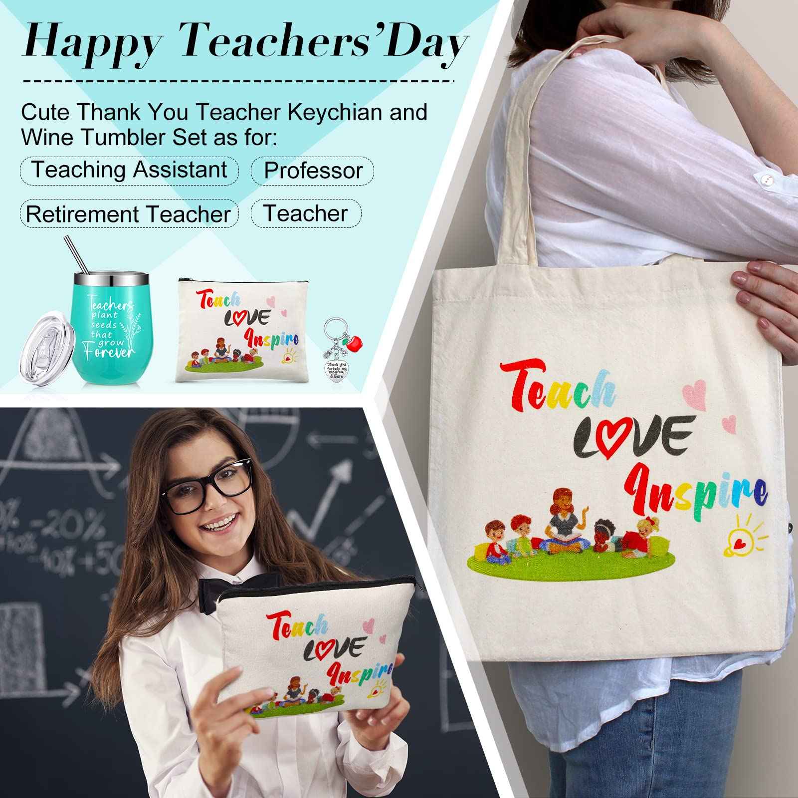 Hillban 4 Pcs Teacher Appreciation Gift for Women 12 oz Teacher Tumbler Tote Bag Makeup Cosmetic Bag Keychain Thank You Gift Set for Christmas Birthday(Classic Style)